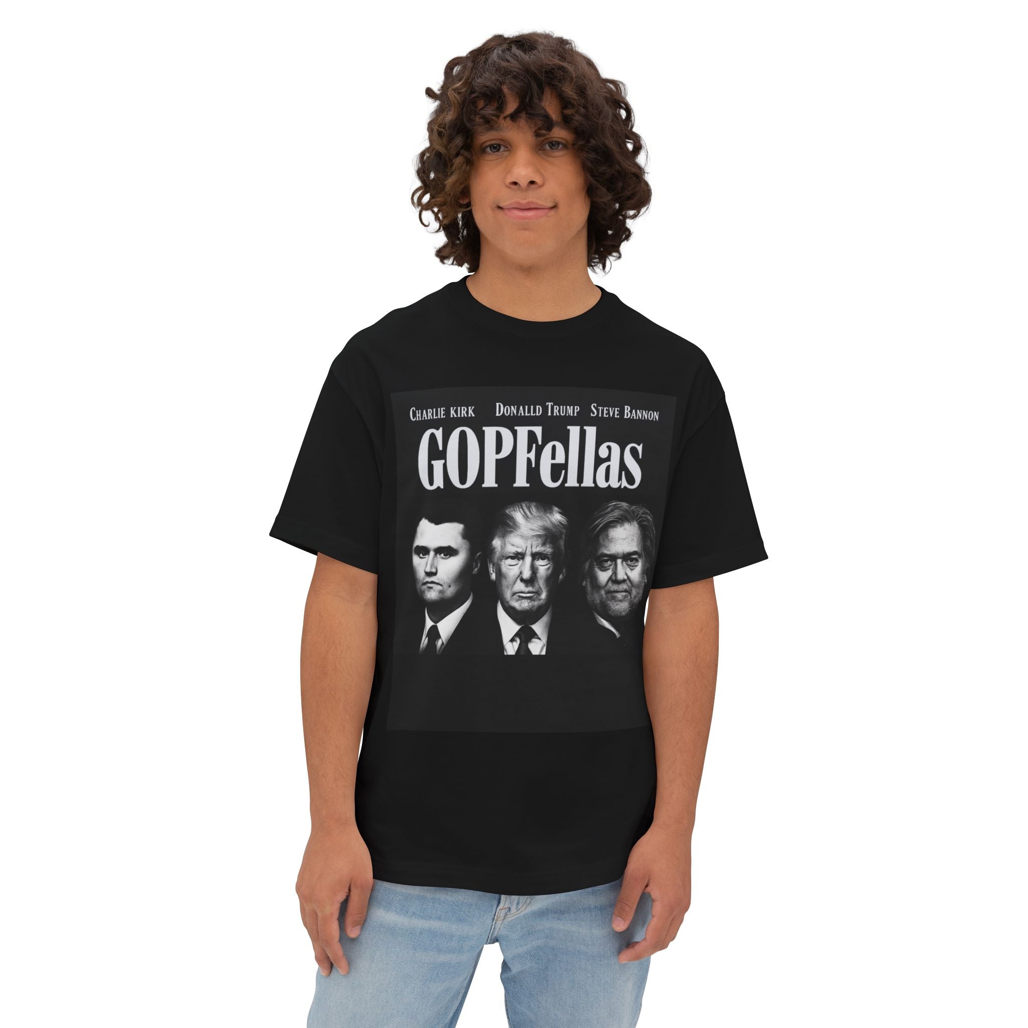 Trump, Bannon, Kirk - GOPFellas. Unisex Oversized Boxy Tee with 'GOP fellas' Graphic - Casual Wear, Gift for Political Enthusiasts, Statement Tee, Vintage Style, [...]