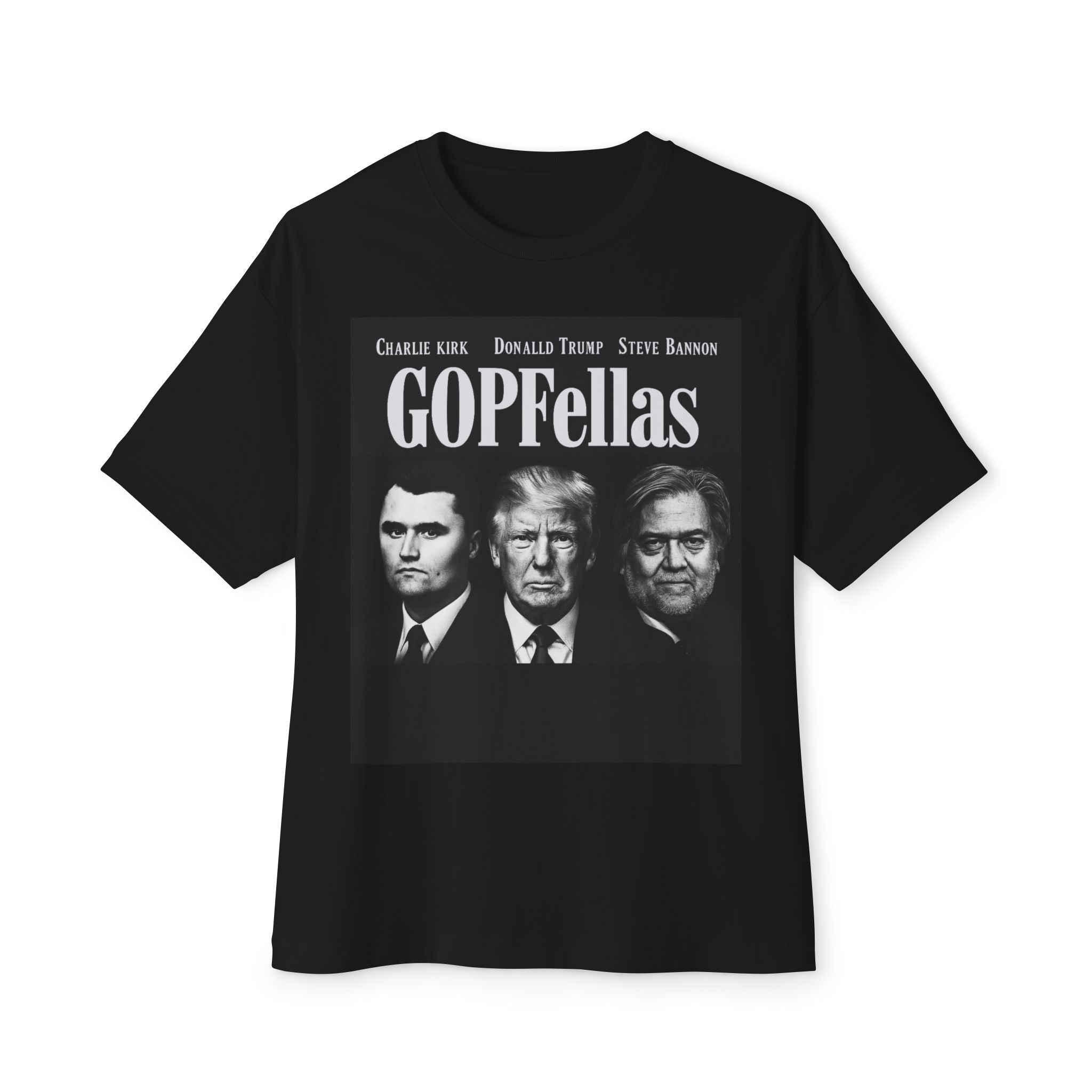 Trump, Bannon, Kirk - GOPFellas. Unisex Oversized Boxy Tee with 'GOP fellas' Graphic - Casual Wear, Gift for Political Enthusiasts, Statement Tee, Vintage Style, [...]